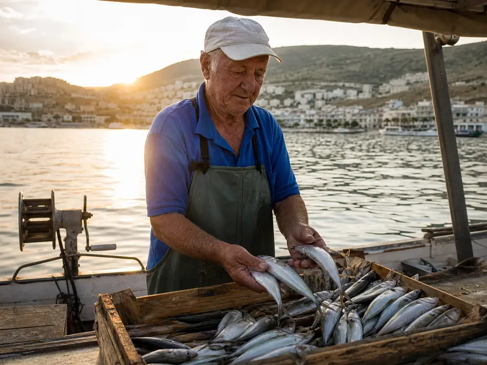 Small Ionian fishing boat returning to Saranda harbour with the morning catch