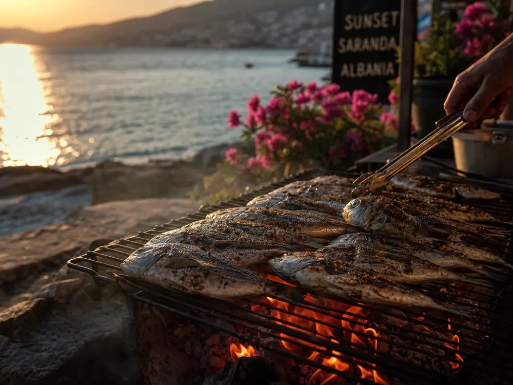 Octopus tentacles charring over hot charcoal at a Saranda villa BBQ