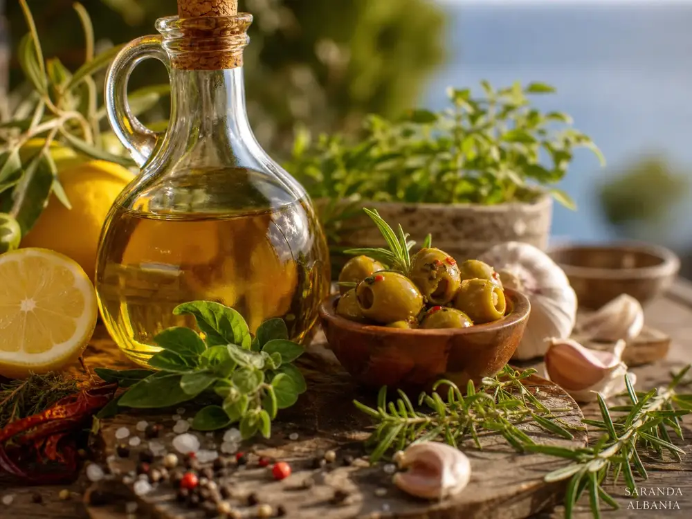 Ingredients for Albanian Riviera seafood pasta laid out on a kitchen counter