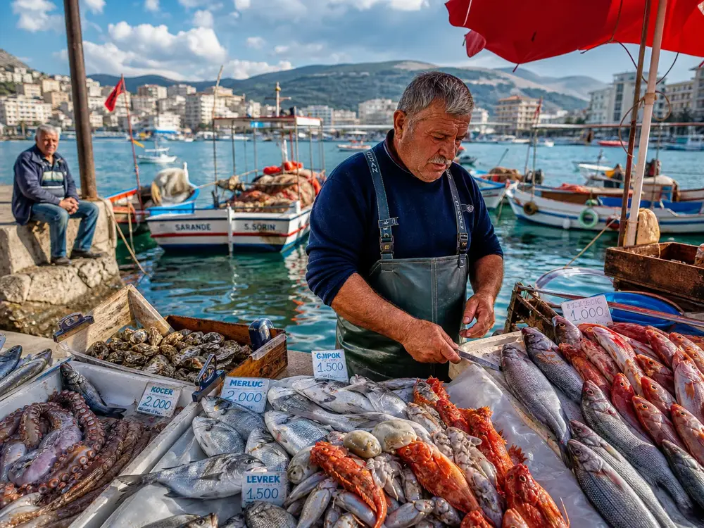 Counter at the Saranda fish market with fresh sea bream and sardines on ice