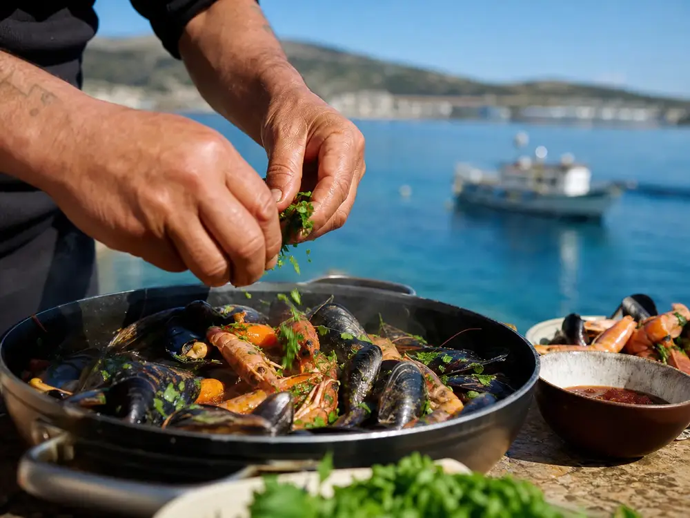 Cleaning and preparing octopus at a Saranda fish counter