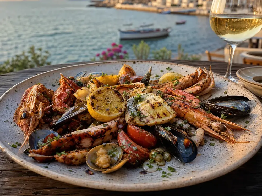 Plated seafood linguine with mussels, prawns and parsley