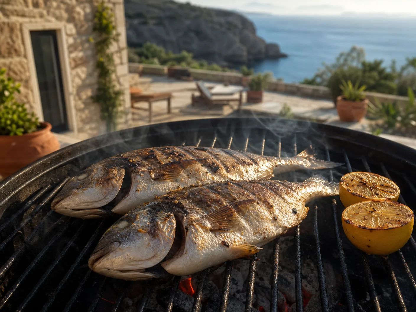 Grilled sea bream on BBQ at Saranda villa